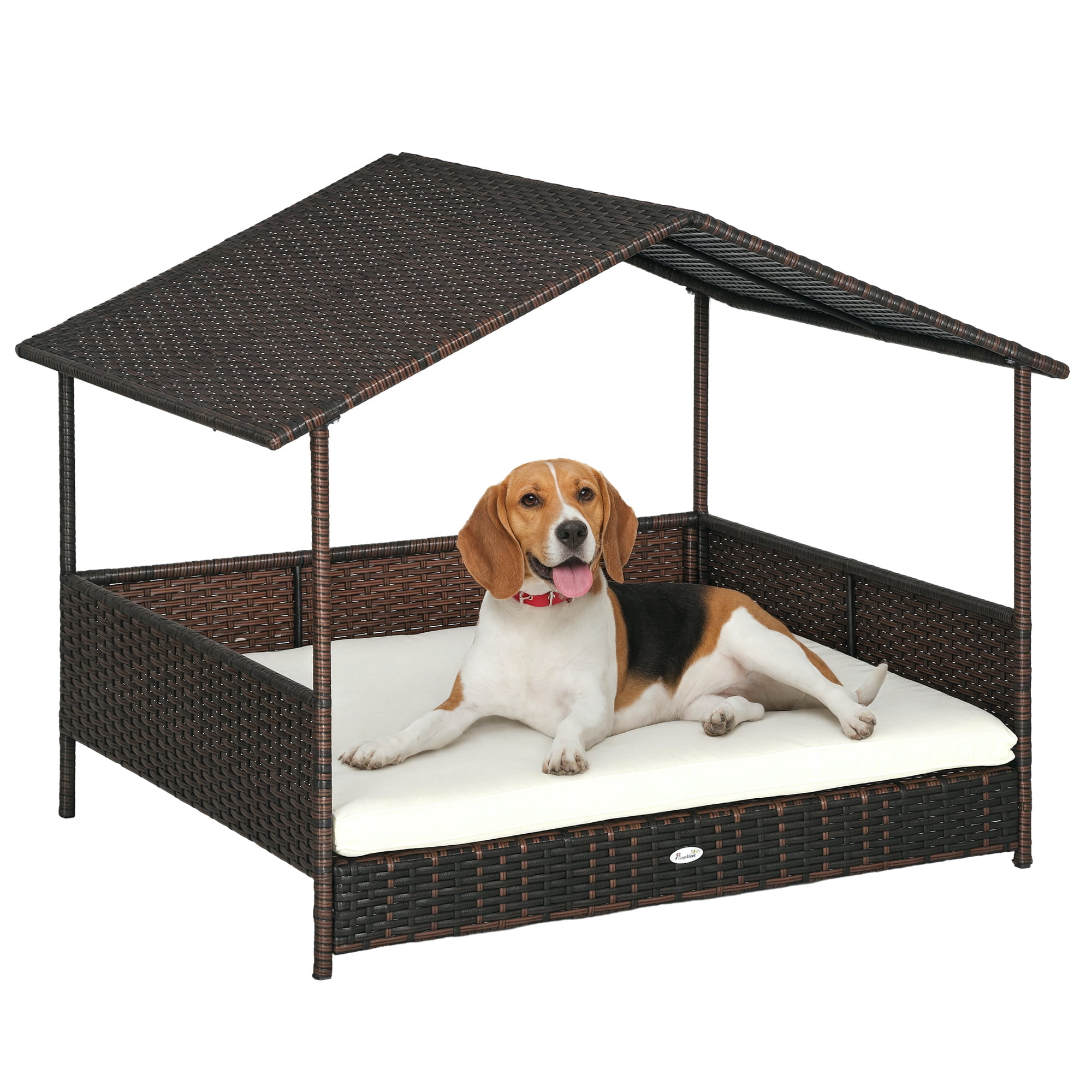 PawHut Outdoor Wicker Dog House Dog Bed W/ Canopy Cushion, Cream White