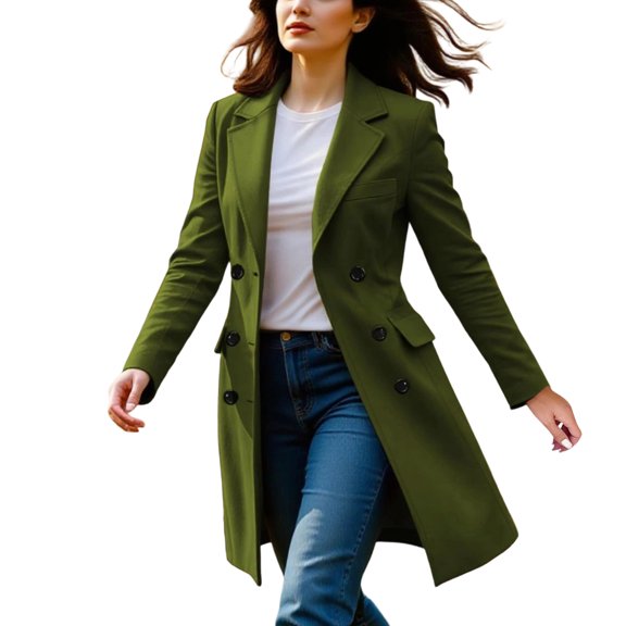 Women's Double-Breasted Long-Sleeved Coat - Solid Color Casual Fall Winter Trench Jacket, Olive Green, L