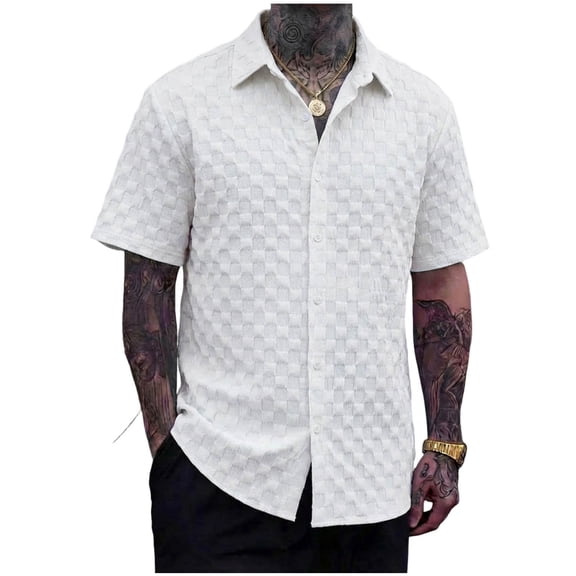 hotojiny Men's Button down Shirt Short Sleeve Classic Fit Plaid Shirt Casual Summer Beach Wedding Top Vaction Outfit