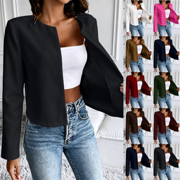 Thousandth Women's Cropped Blazer Open Front Collarless Long Sleeve Business Coats Casual Work Office Lightweight Dressy Suit Jacket