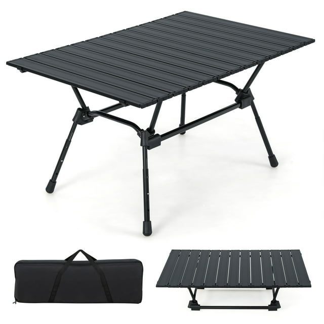 Patiojoy Table de Camping Pliante Table de Plage Roulante en Aluminium Pliable avec Sac de Transport Hauteur Réglable à 4 Niveaux Foncé