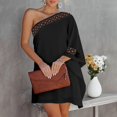 thumbnail image 4 of OSOLU Solid Color Summer Dress For Women One Shoulder Half Bat Sleeve Solid Color Lace Casual Dresses Loose Beach Mini Sun Dress Lovely Sundress Wedding Guest Dress, 4 of 4