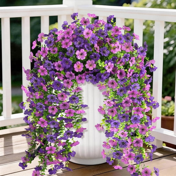 Lewondr Artificial Fake Hanging Flowers for Outdoor Decoration, 2 Pcs Faux Silk Daisy for Outside Indoor Porch Patio Yard, UV Resistant Hanging Fake Flowers, Pink Purple