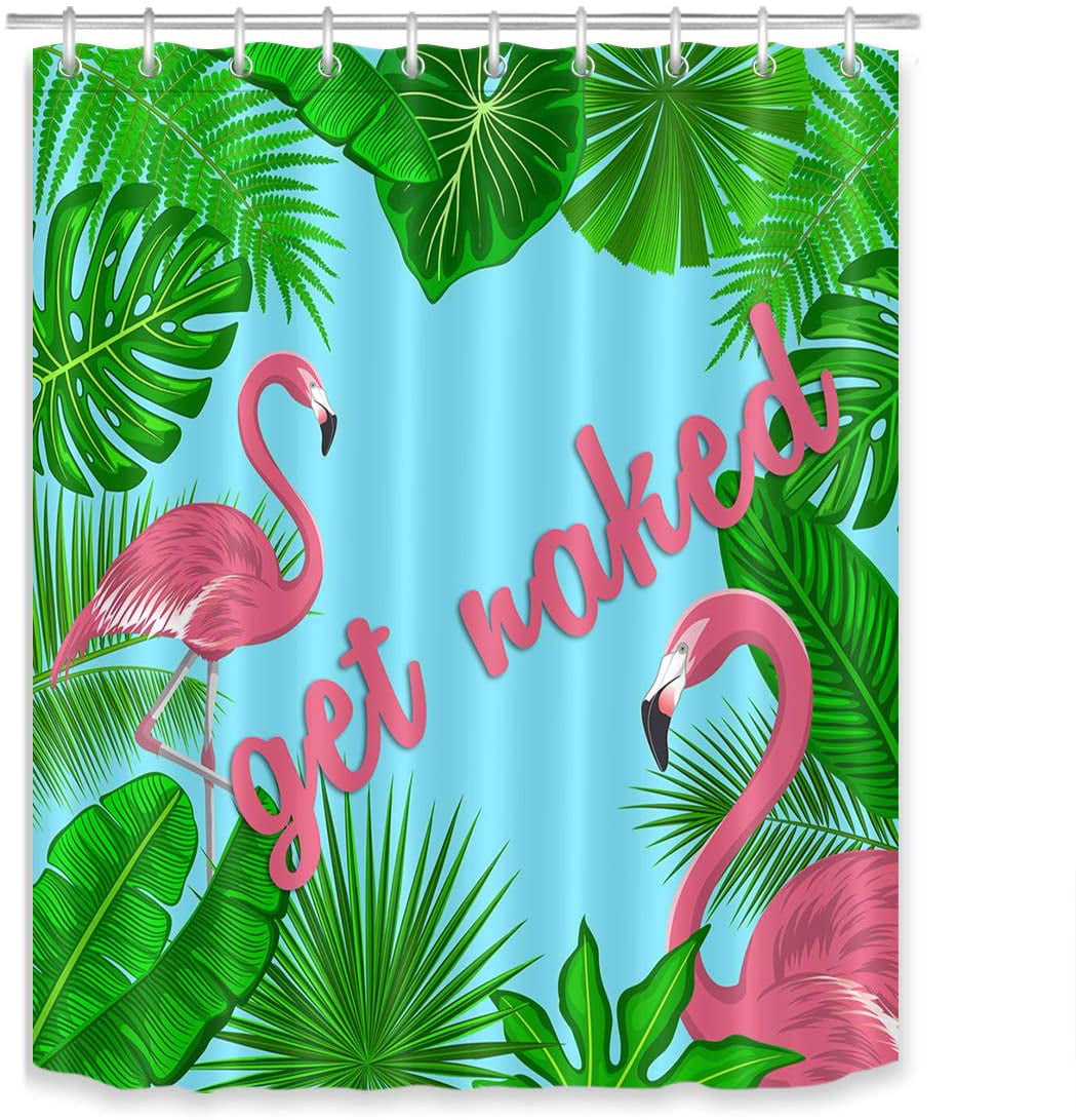 72X79" Pink Flamingo Tropical Palm Leaf Fabric Shower Curtain Set Bath Accessory 