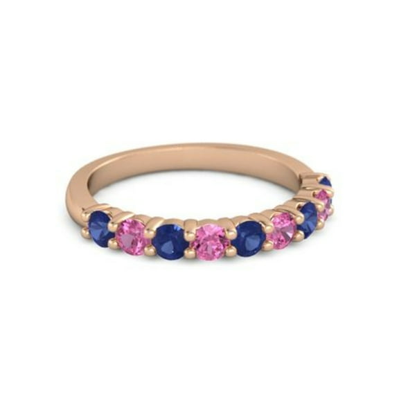 925 Silver Round 2.5MM Blue Sapphire Pink Tourmaline Eternity Rose Plated Ring