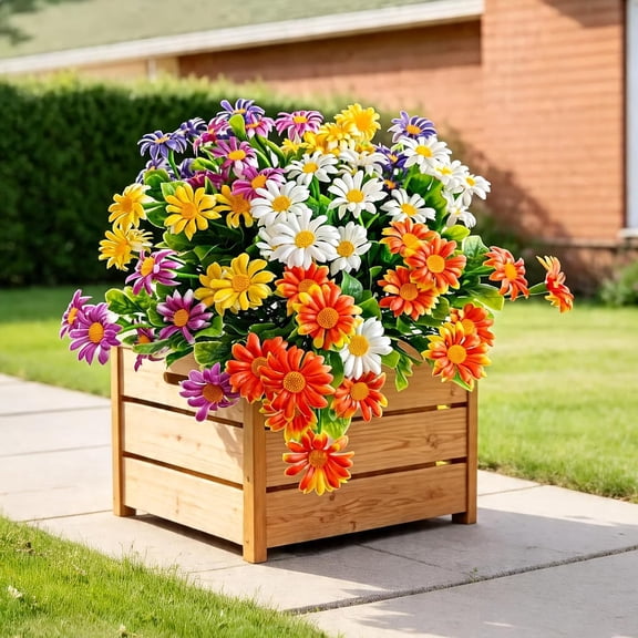 10 Bundles Artificial Fall Flowers, Artificial Daisies Silk Flowers for Outdoor, UV Resistant Fake Daisy Faux Plants for Home Window Box Garden Planter Porch Indoor Outside Decor (Multi-Color)