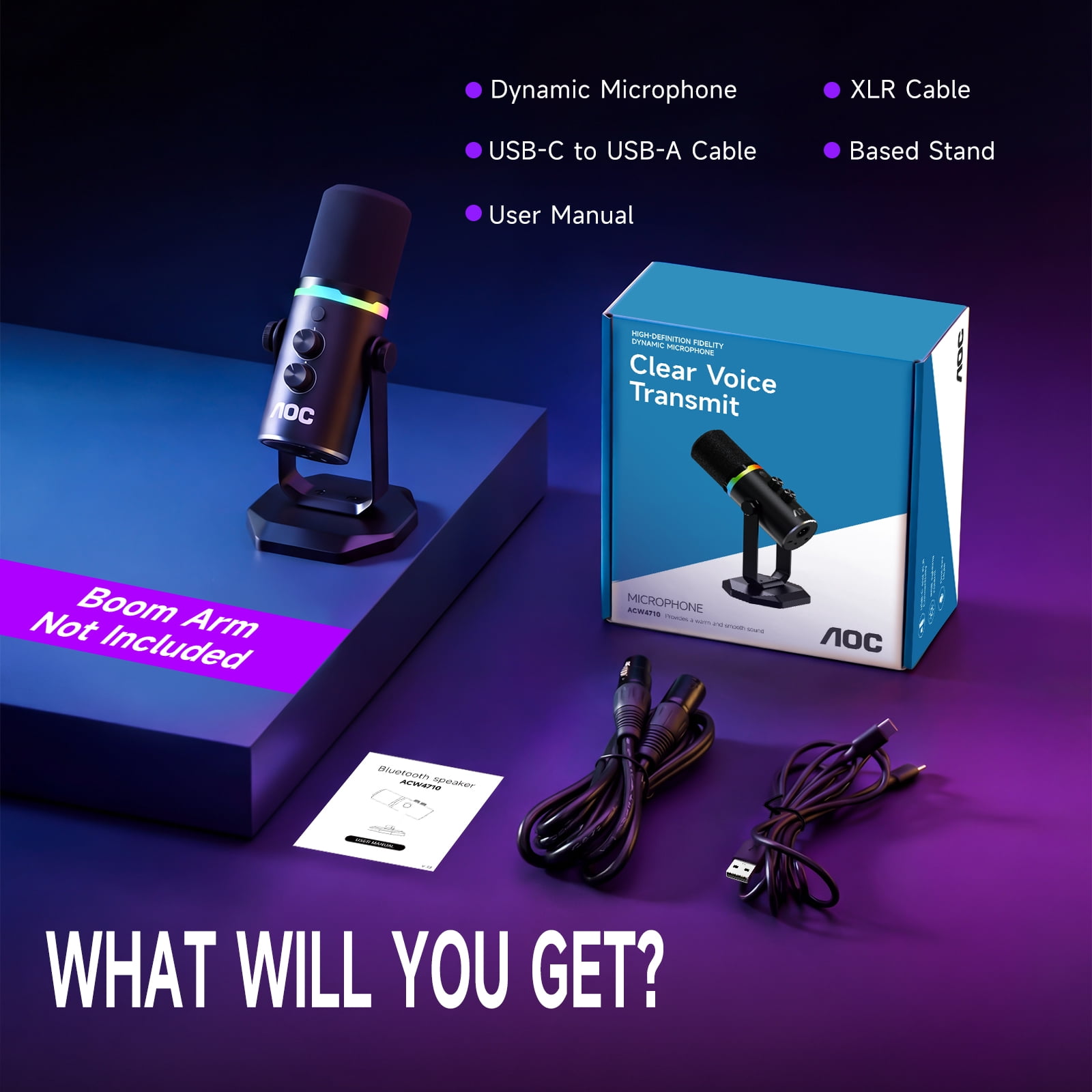AOC USB/XLR Dynamic Microphone for Podcast Recording, PC Computer Gaming Streaming Mic with RGB Light, Mute Button, Headphones Jack, Desktop Stand, Vocal Mic for Singing YouTube, Black