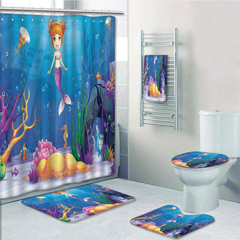 Girl Bathroom Mat Polyester Fabric Shower Curtain Set Underwater Little Mermaid 