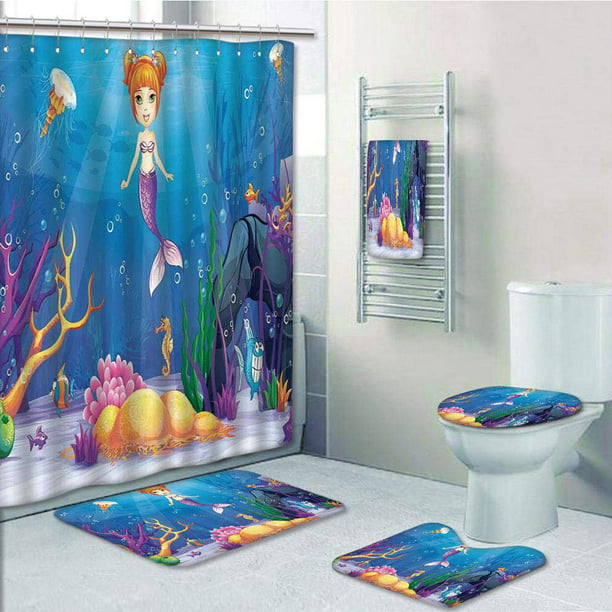 Prtau Mermaid Of The Magical Underwater, Little Mermaid Bathroom Rug