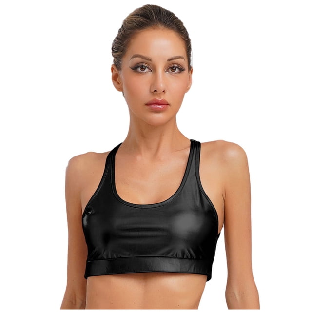 Hansber Women's Shiny Sport Bras Racer Back Strappy Crop Tops for Raves Festivals Yoga Workout Fitness Black L