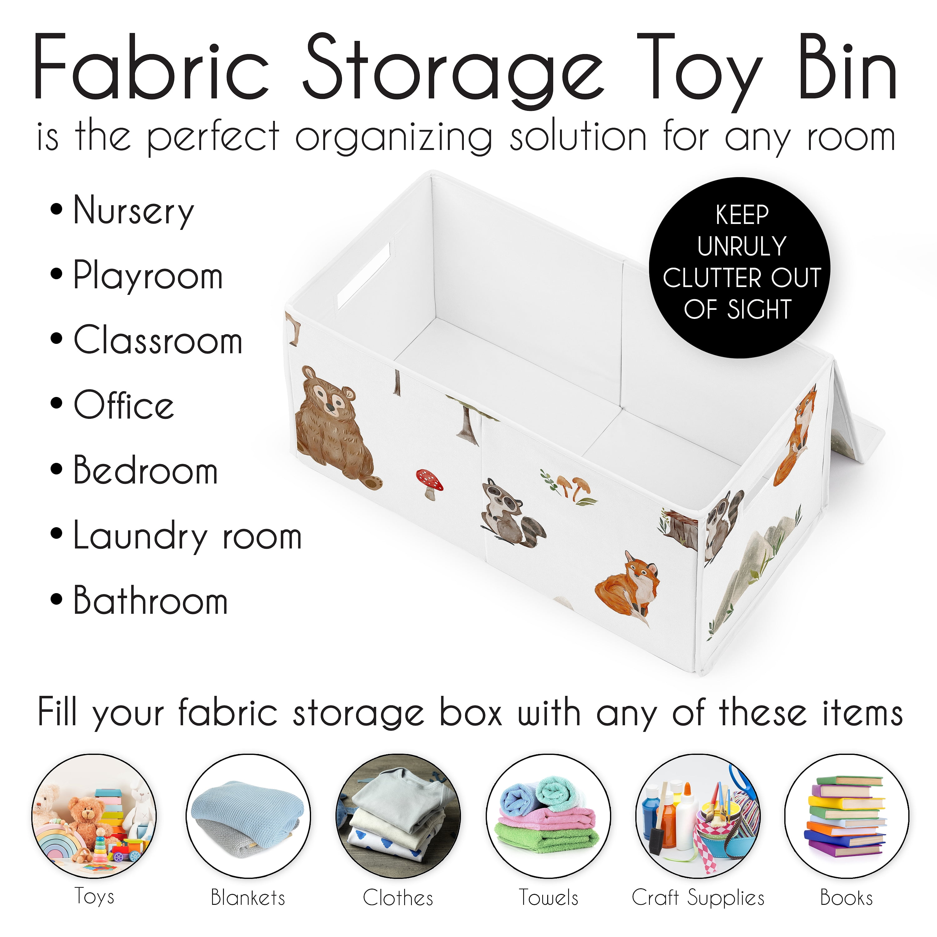 Sweet Jojo Designs Watercolor Woodland Forest Animals Boy Girl Gender Neutral Unisex Storage Fabric Toy Box
