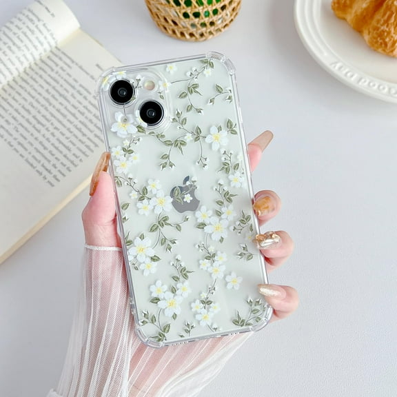 for iPhone 15 Phone Case Clear, Cute Flower Pattern for Women Girls Phone Cover 4 Corners Thickened Slim TPU Bumper Anti-Drop Protective Case for iPhone 15, Big White Flower