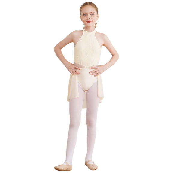 renvena Kids Girls Halter Lace Floral Irregular Chiffon Hem Leotard Dance Dress Size 6-16 Champagne 16