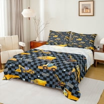 Manfei Teens Cartoon Truck Bed Sheets, Checkered Buffalo Plaid King Sheets, Construction Vehicle Sheet Set, Breathable Home Decor, 4-Piece