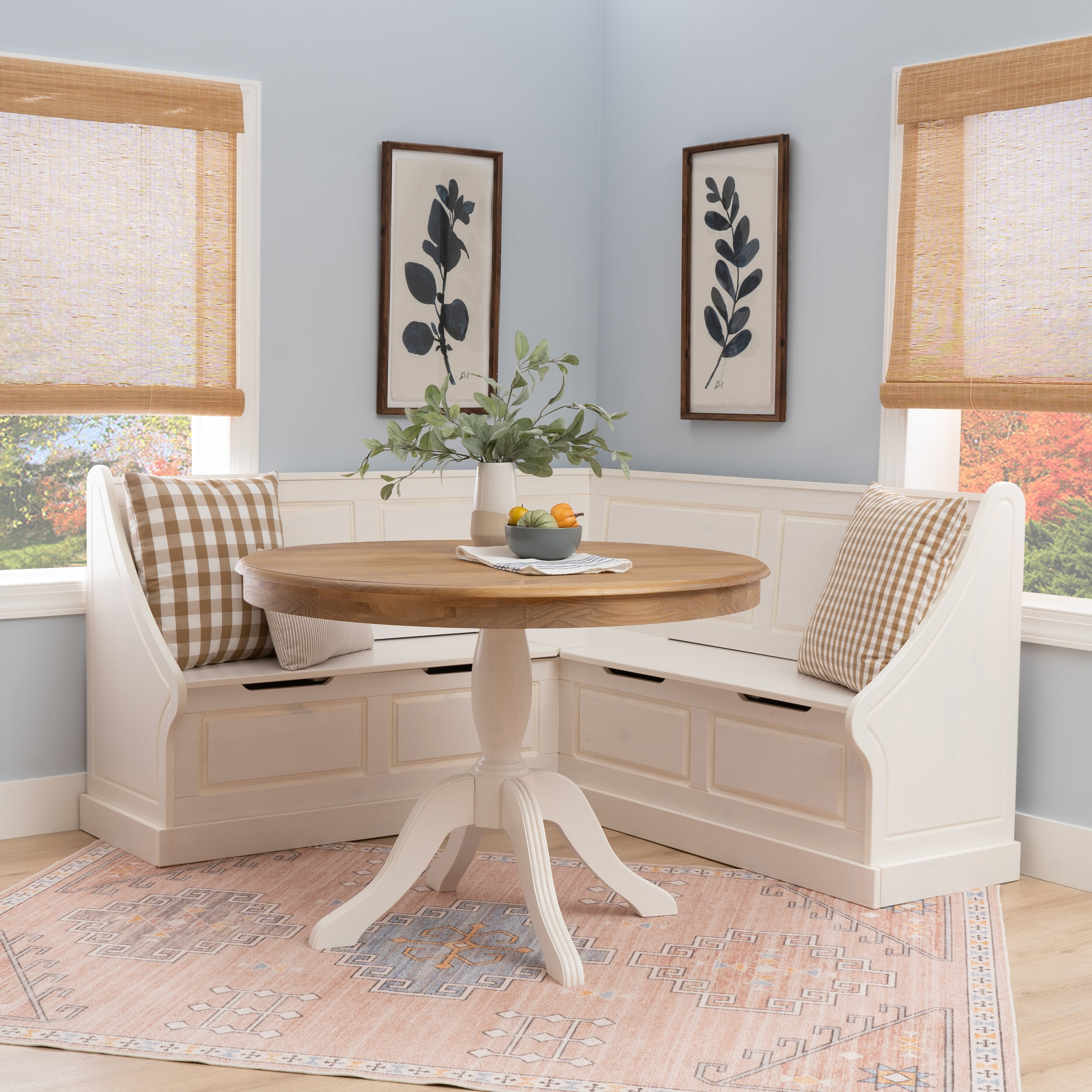Linon Tobin Corner Dining Breakfast Nook and Table with Storage Seats 4 White and Natural Fnish