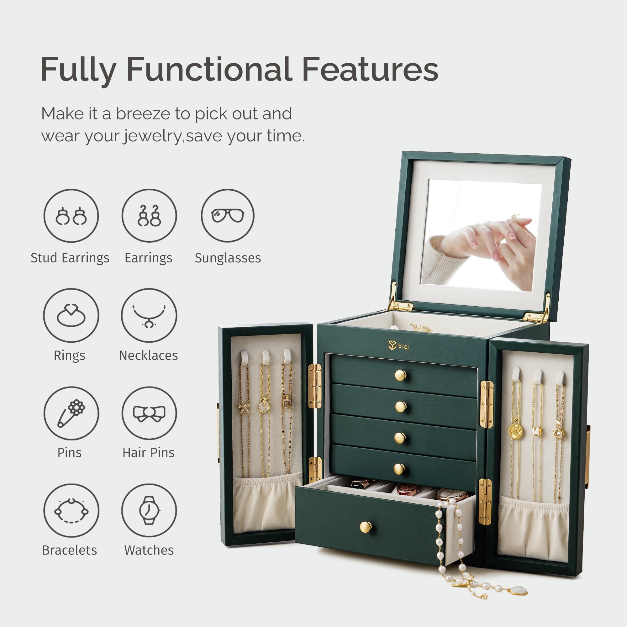 Casegrace 6-Tier Huge Jewelry Box for Women Girls with Mirror 5 Drawers Organizer Necklace Ring Earring Storage Opening Door Gift Case