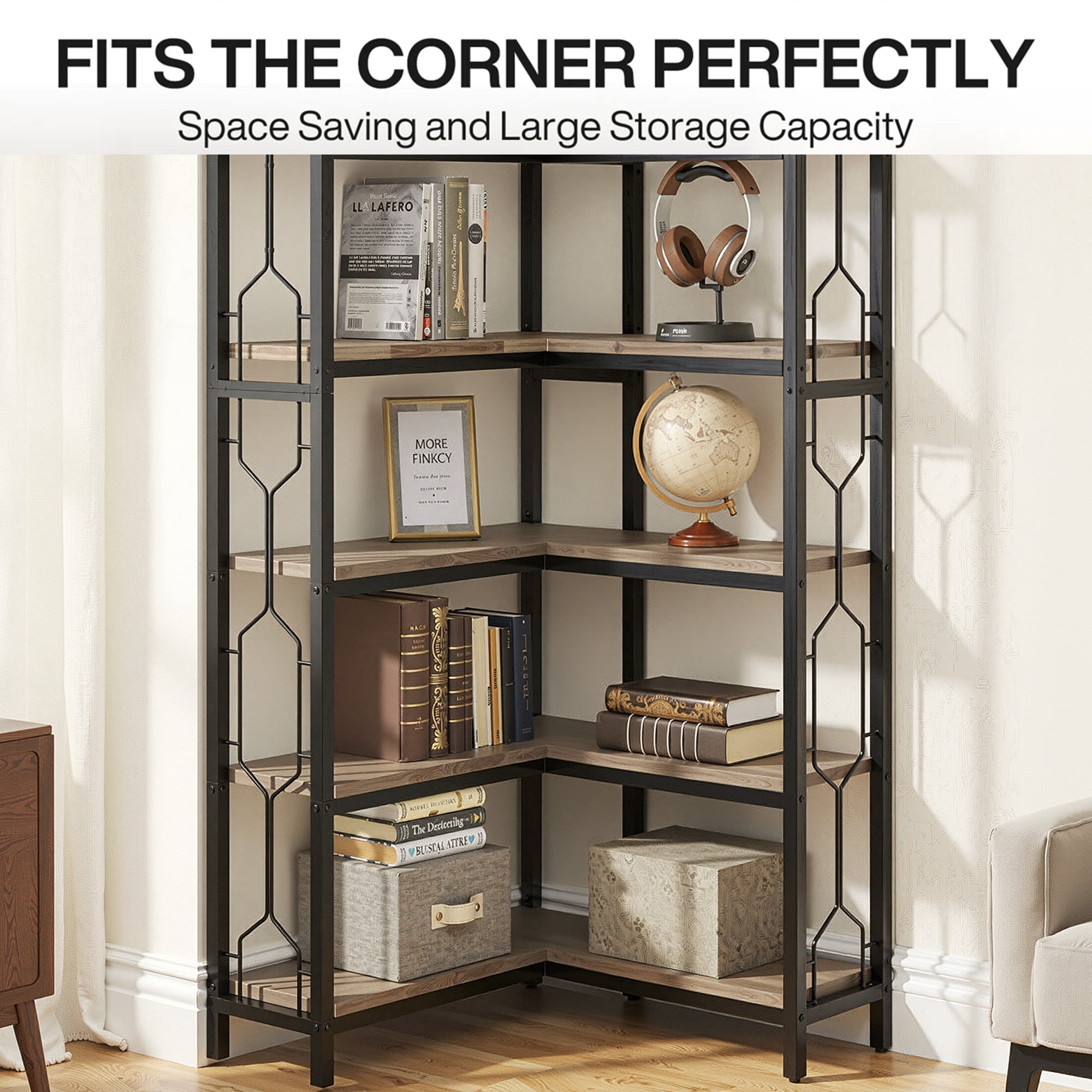 MAYEERTY Industrial 7-Tier Corner Bookcase, Hexagonal Storage Shelf with Side Railings, Particle Board & Metal Frame for Living Room