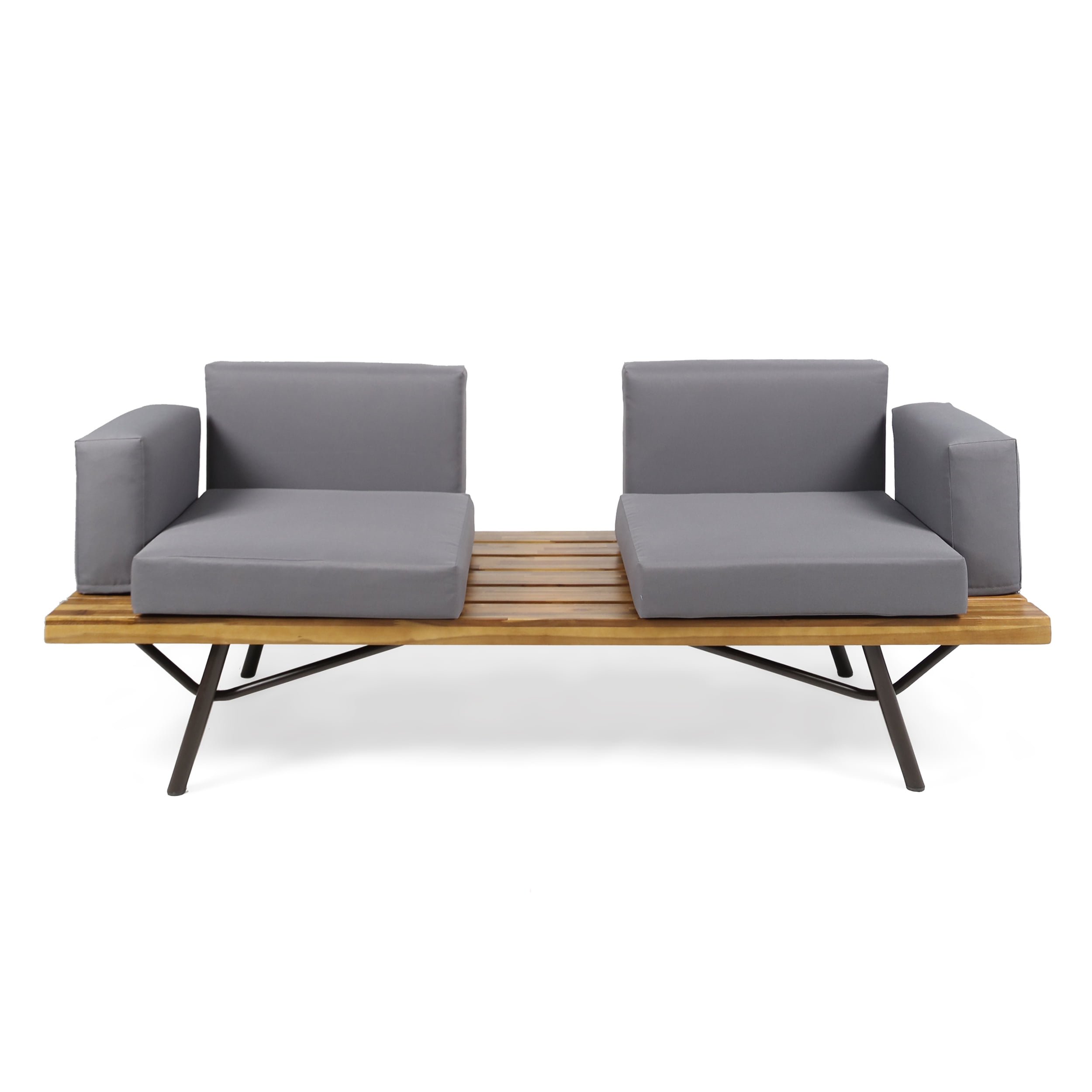 Outdoor 2 Seater Sofa, Acacia Wood Frame with Metal Legs Leisure Couch for Patio Garden, Teak and Dark Gray