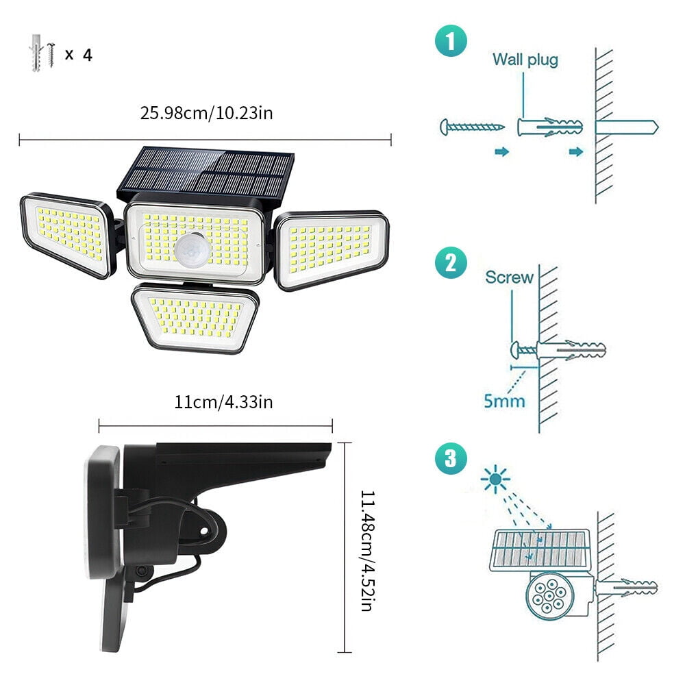 DFITO LED Solar Motion Security Lights Outdoor 4 Head 3000LM Motion Sensor Light Adjustable Flood Light Garden Waterproof