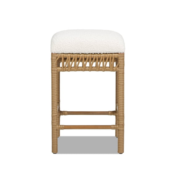 Lucia 25.5" Backless Upholstered Counter Stool with Resin Rattan Frame,Ivory White Boucle,White Wood Fabric Rattan Furniture Dining Seating for Dining
