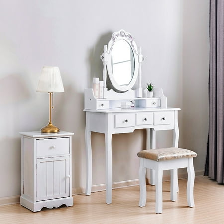 Wooden Vanity Set Furniture Retro White Wooden Vanity Table and Stool Set Make-Up Dressing Table Desk With 5 Drawers & Mirror ()