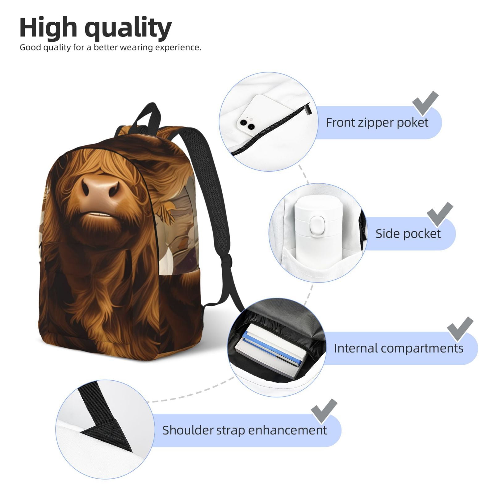 Vsdgher Cow With Butterflies Lilies Print Canvas Backpack Travel Rucksack Unisex Knapsack 15.7/17.7Inch Laptop Backpack for Work,College -Medium