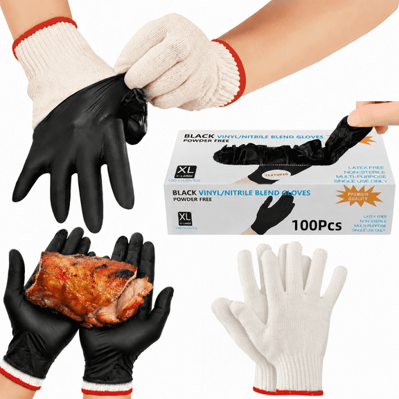 BBQ Gloves for Grilling,Disposable Heat Resistant,for Barbecue Smoker,Cooking Hot Meat,Non-Slip Grip - Black Large