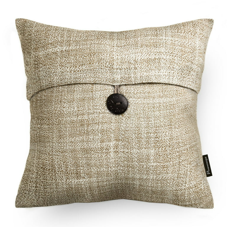 Phantoscope Single Button Series Linen Decorative Throw Pillow, 18x18,  Beige, 2 Pack 