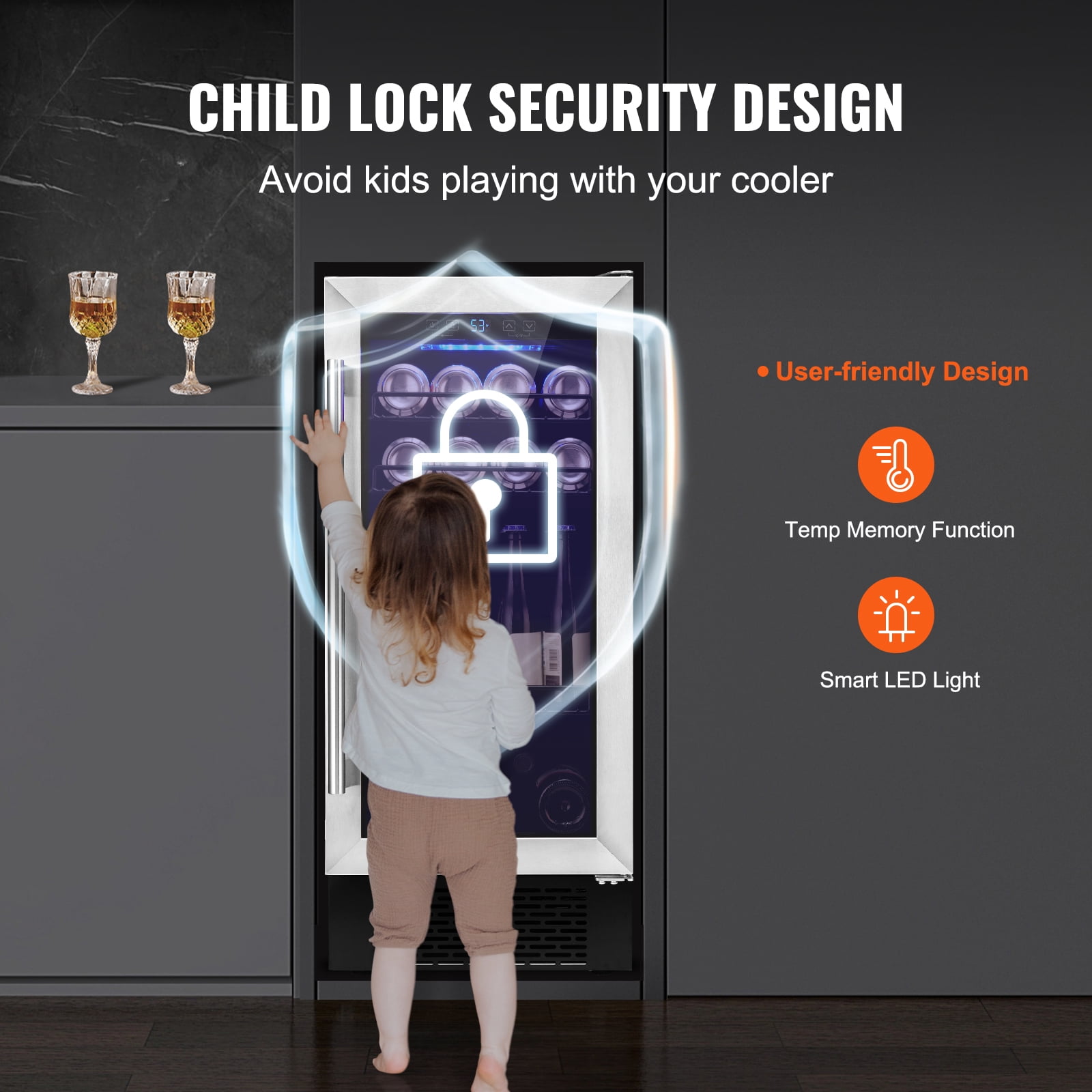 KFFKFF 98 Bottle Wine Fridge Stainless Steel Wine Cooler with Lock and LED Light