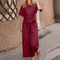 thumbnail image 2 of Cinvoph Ensemble Deux Pièces en Coton et Lin pour Femmes Col Rond Manches Courtes Haut Pantalon Grand Tenue de Maison Ensemble de Vacances d'Été, 2 of 6