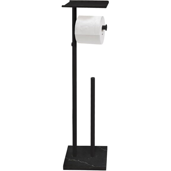 Toilet Paper Holder Stand with Shelf, Marble Base Free Standing Toilet Paper Double Roll Holder Dispenser, SUS 304 Stainless Steel Storages 5 Reserve Rolls Matte Black