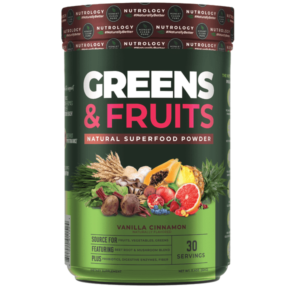 Nutrology's Greens & Fruits-Naturally Sourced Fruits, Vegetables, Greens, Beet Powder & Mushroom Blend-Probiotics, Digestive Enzymes, Fiber, Immune Support - Vanilla Cinnamon-30 Servings