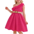 thumbnail image 2 of Xdegoge Elegant Kids Girls Dress Knee Length Pleated One Shoulder Tween Summer Dress Belted Flowy Wedding Guest Party Wear, 2 of 7