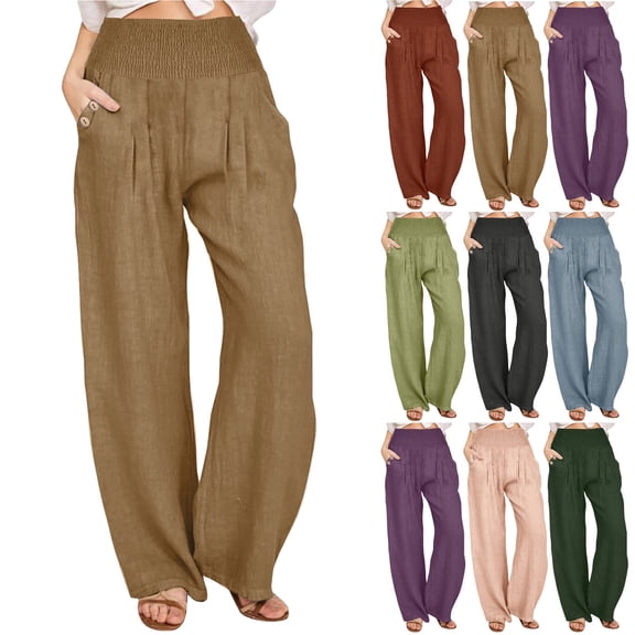 Lovzfmll Women's Travel Pants, High Waisted Palazzo Pants, Linen Blend Wide Leg Trousers with Pockets, Relaxed Fit Straight Leg Pants
