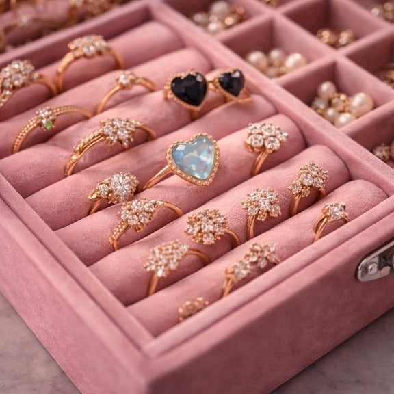 RubyLee Elegance Elegant Glass Lid Rectangle Fashion Jewelry Organizer, Flannel, 0.07 lb, Pink, 1 Count