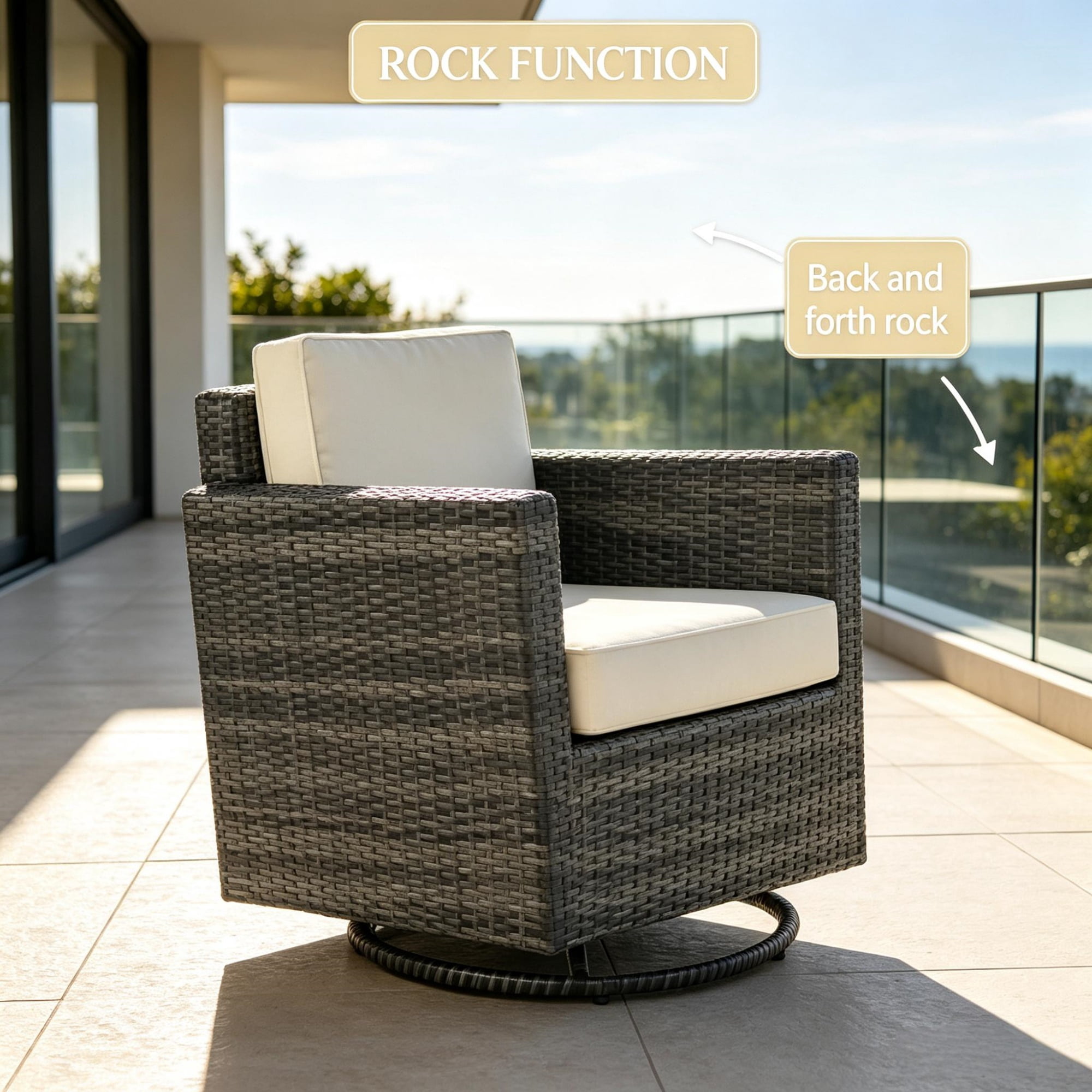 Outdoor Swivel Rocker, 360° Patio Glider Chair for Porch, Backyard, Deck, Cream White PE Wicker