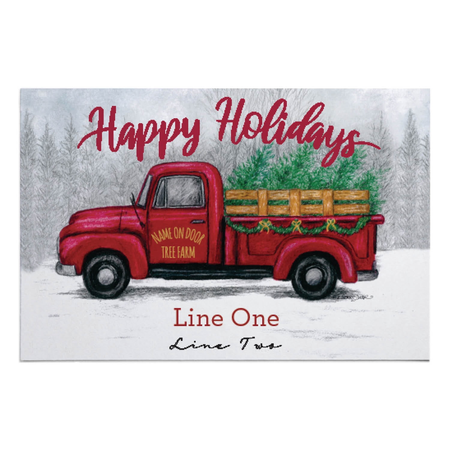 Personalized Planet 27x18 Happy Holidays Red Christmas Tree Vintage Farm Tuck Doormat with Custom Personalization Printed on Rectangular 1/8” Thick Non Slip Mat for Kitchen Hallway Deck or Porch