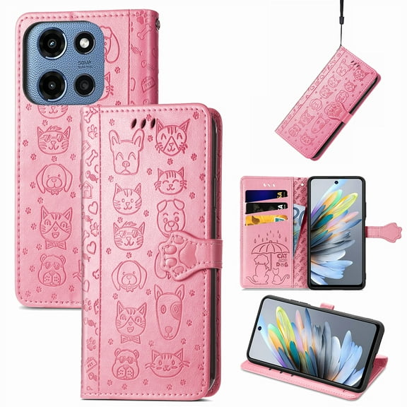 for Moto G Stylus 5G (2025) Cartoon Cute Wallet Case, Cat Dog Style Flip with ID Card Holder Premium PU Leather Cases with Wrist Strap, Magnetic Closure Folio Kickstand Cover, Pink