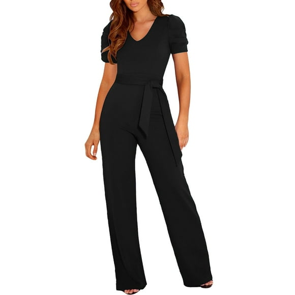 adviicd Jumpers for Women Casual Jumpsuit for Women Casual Loose Short Sleeve Pant Romper V Neck Summer One Piece Outfits Black,L