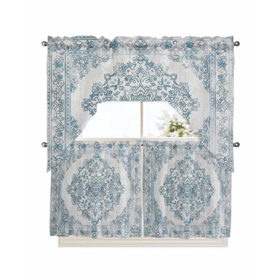 Vintage Blue Kitchen Curtain and Valance Set 3 Pieces,Rod Pocket Short Tier Curtains 24 Inch Length,Boho Ethnic Mexican Floral Southwestern Swag Topper Small Window Treatment for Cafe Bathroom