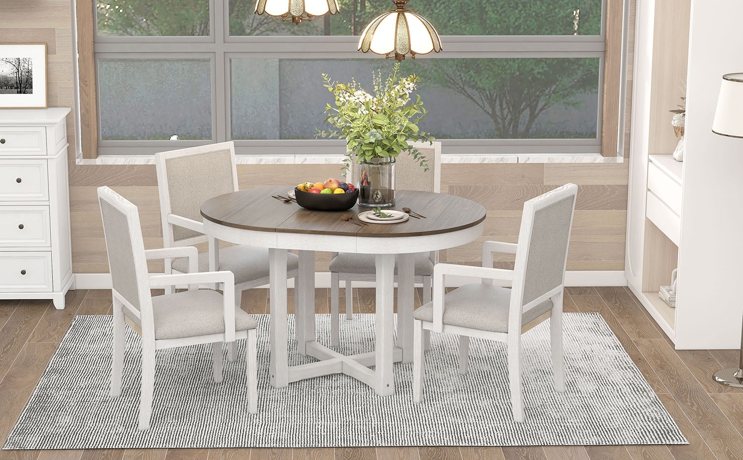 Kadyn 5-Piece Dining Table Set, 4 Upholstered Dining Chairs with Armrests, Extendable Butterfly Leaf Wood Dining Table, Brown+White