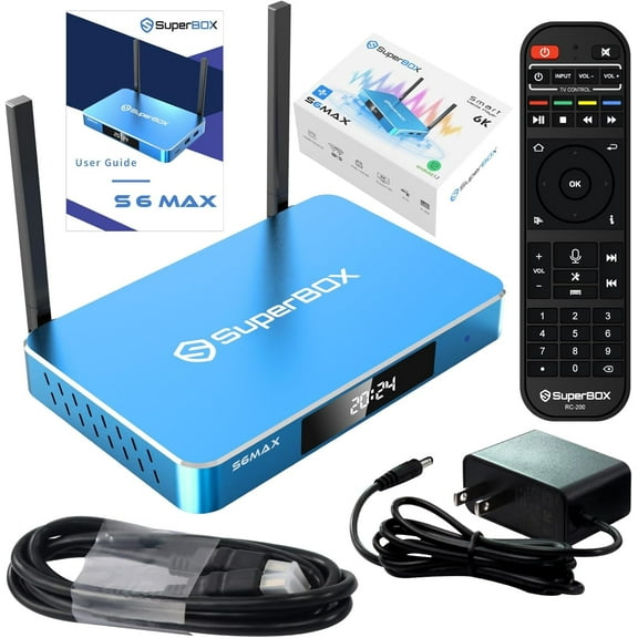 S6 MAX SuperBox Fully Loaded, S6MAX TV Box with 4GB RAM 64GB Storage, Built-in Voice Control System, Dual Band WiFi, 2T2R, Includes Detailed Setup Guide, with Channels Free, Phone Support