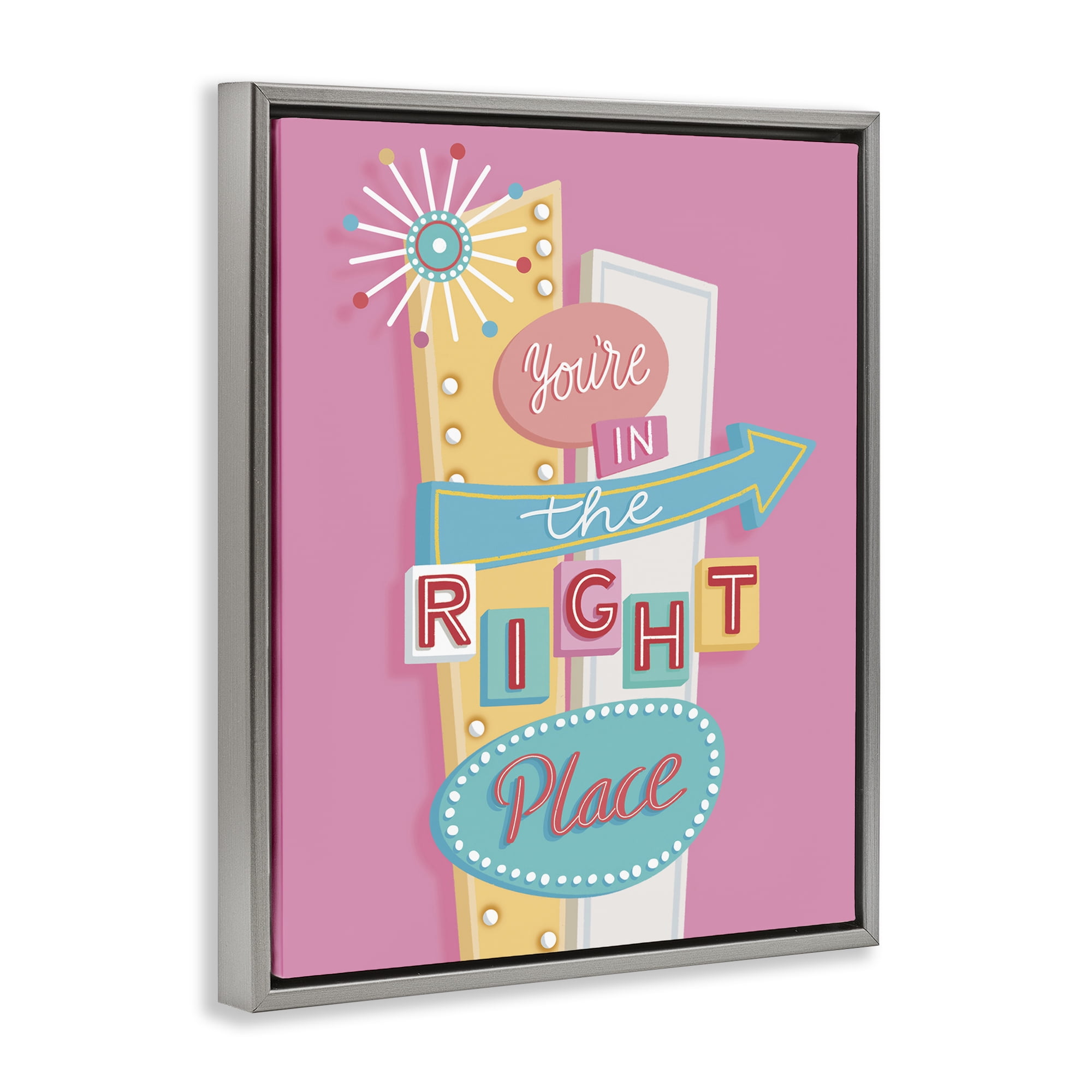 Stupell Industries Retro In The Right Place Text & Numbers Painting Gray Floater Framed Canvas Art Print Wall Art, 17 x 21