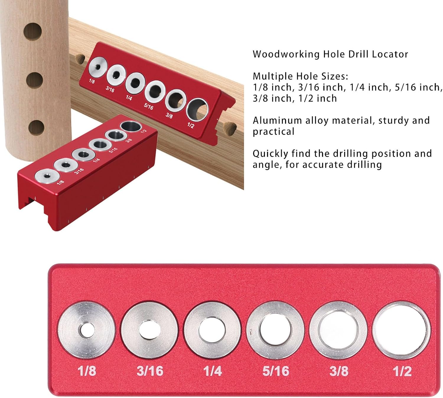ABPETE Self Centering Doweling Jig Kit, 1/8in 3/16in 1/4in 5/16in 3/8in 1/2in Drill Jig Hole Drilling Locator for Straight Holes Biscuit Joiner Set, Round Dowel Drill Block Drilling