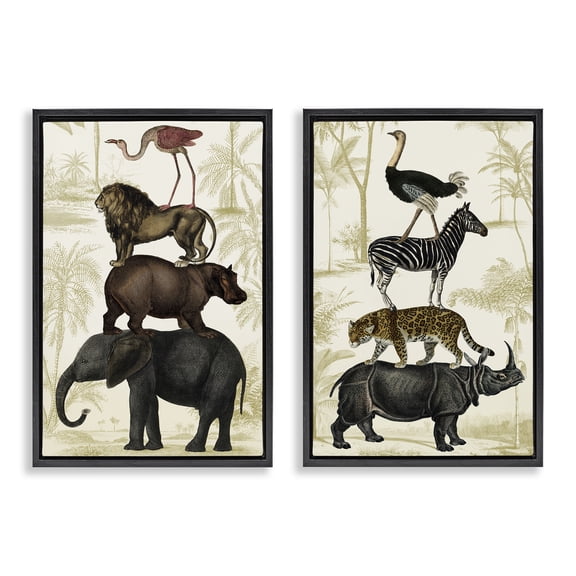 Stupell Industries Stacked Safari Animals Animals Painting Black Floater Framed Canvas Art Print Wall Art, 17 x 25, Set of 2