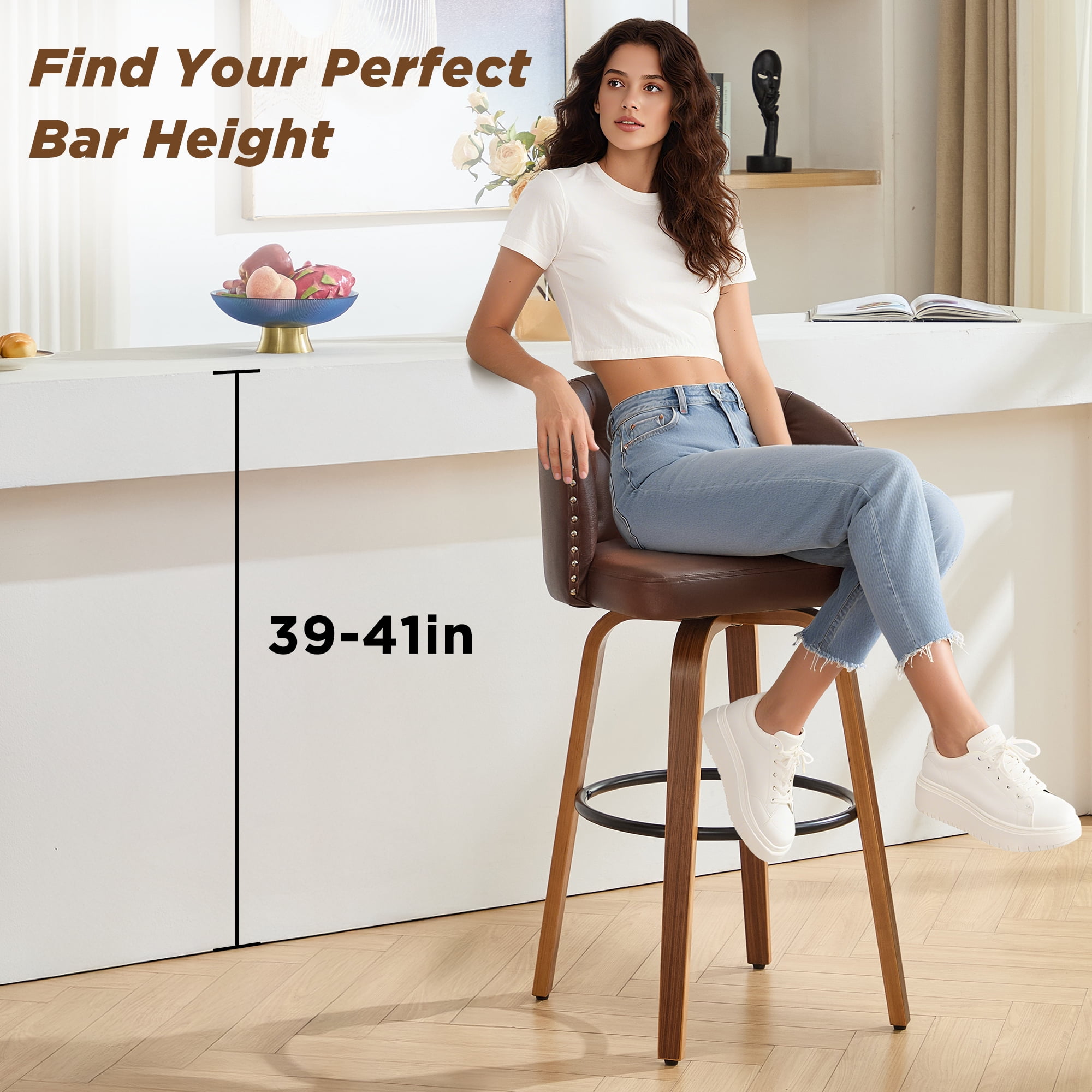 Fahomiss 28" Swivel Bar Stools with Back Set of 4, Leather Farmhouse Bar Height Stools, Brown
