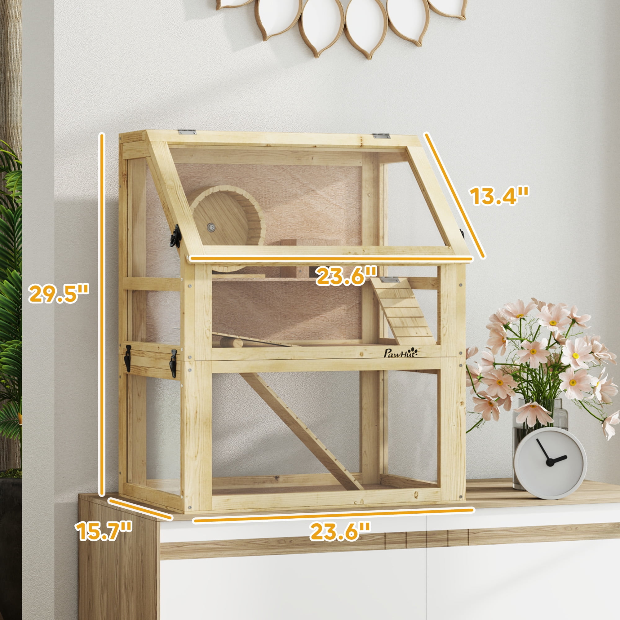 PawHut Wooden Hamster Cage, 3 Tier Small Animal Cage with Detachable 12.6" Deep Bottom, Hut, Seesaw, Exercise Wheel, Ramps, for Dwarf, Gerbil, Mouse