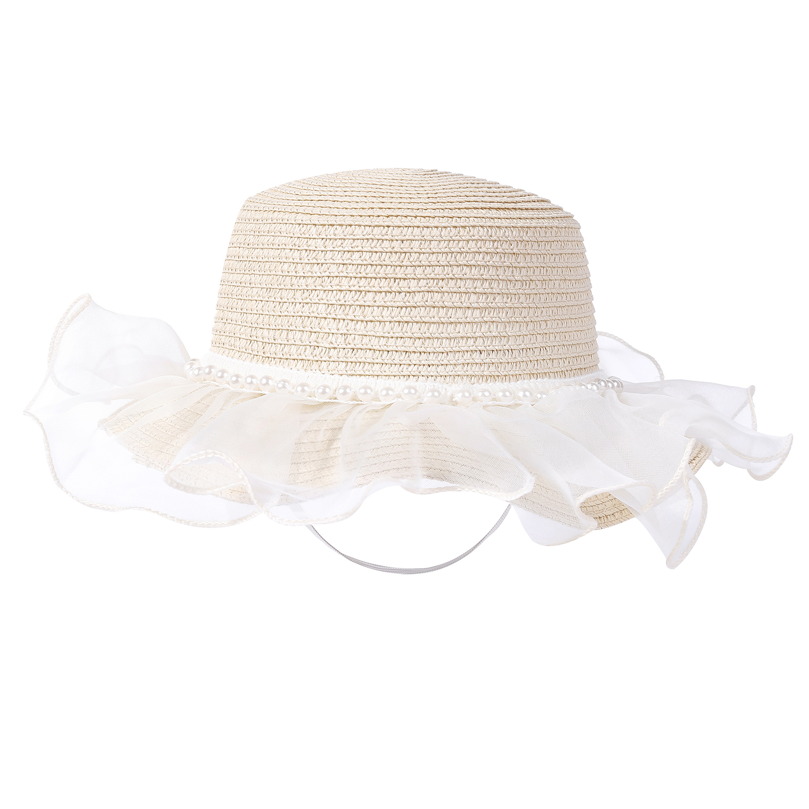 Imcute Little Girls Sun Hat, Wide Brim Tulle Layer Pearls Beach Bucket