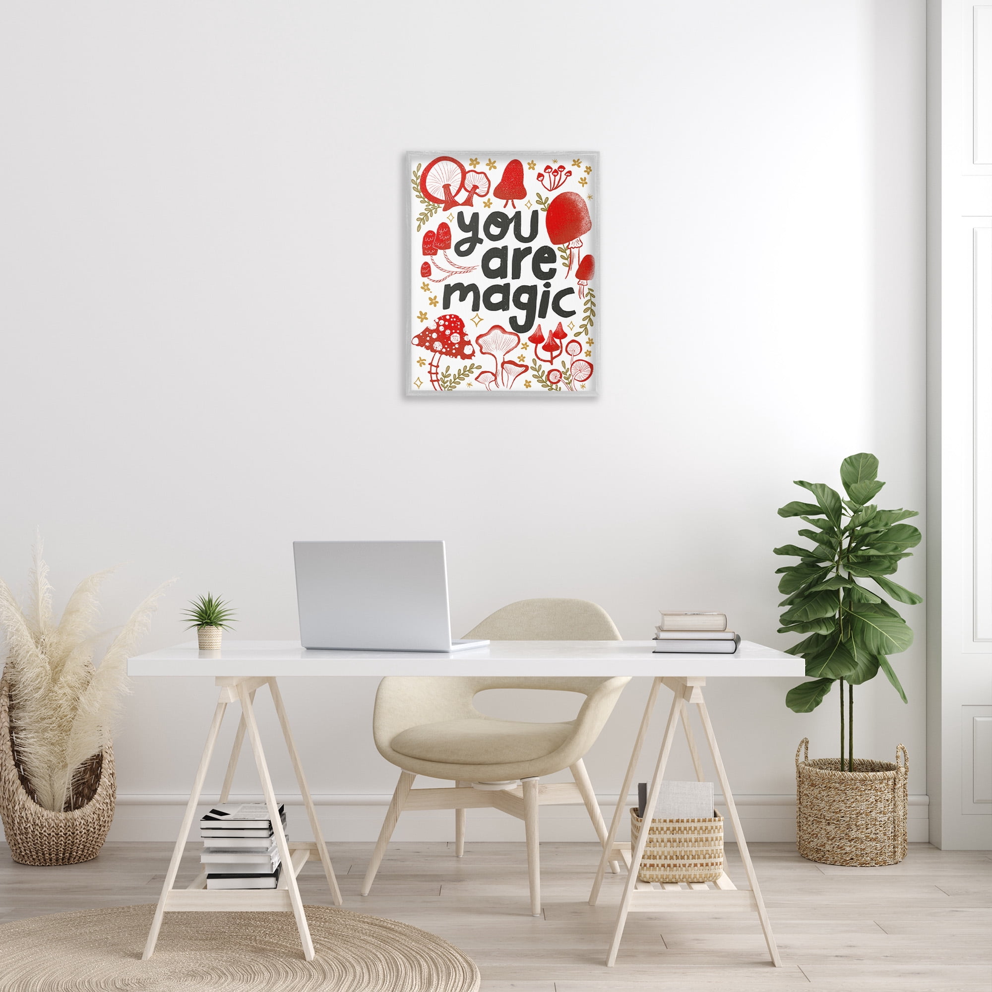Stupell Industries Magic Phrase with Mushrooms Botanical & Floral Painting Gray Framed Art Print Wall Art, 24 x 30