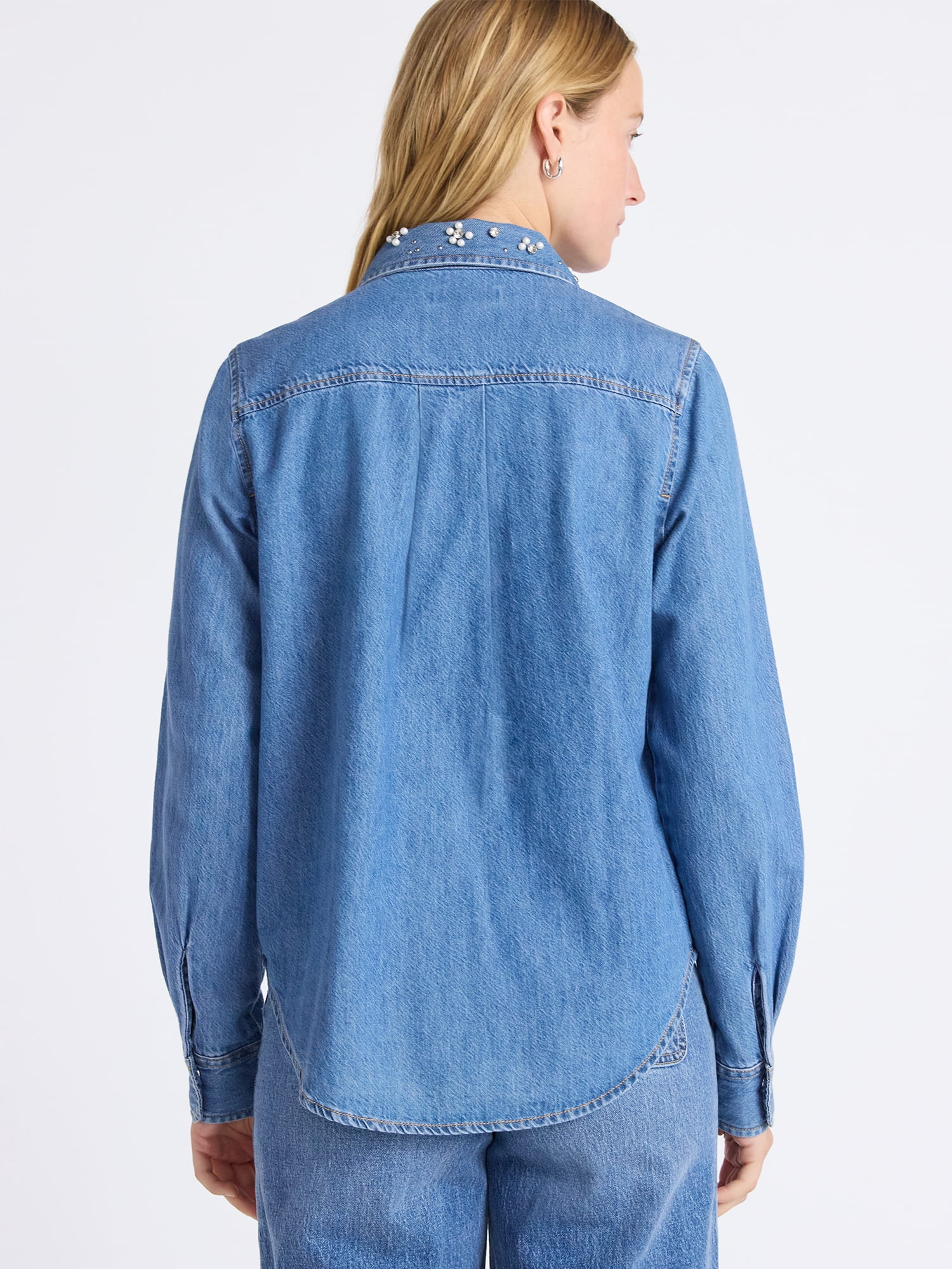 Free Assembly Women's Embellished Denim Shirt with Long Sleeves, Sizes XS-XXXL